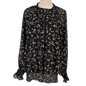 Ophelia Roe Blouse Black Floral Gold Metallic Smocked Top‎ 1X